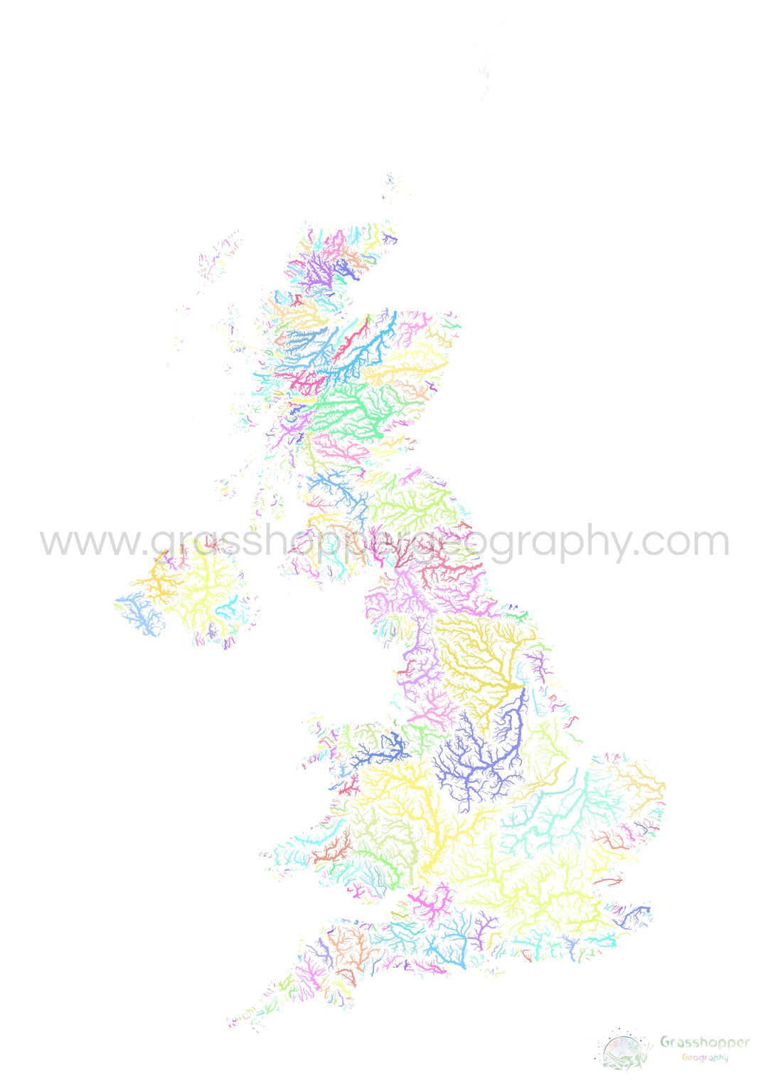 Reino Unido - Mapa de la cuenca fluvial, pastel sobre blanco - Impresión de Bellas Artes