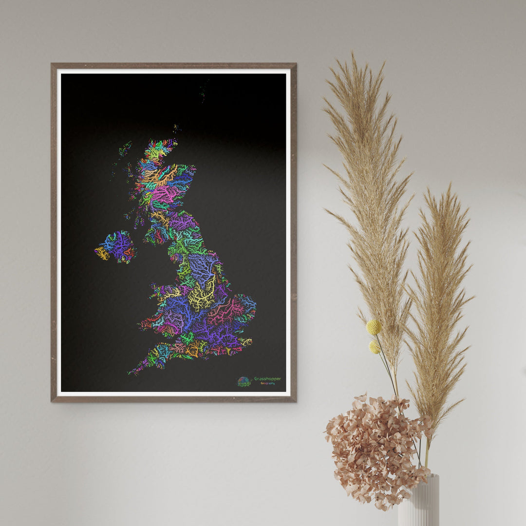 The United Kingdom - River basin map, rainbow on black - Fine Art Print