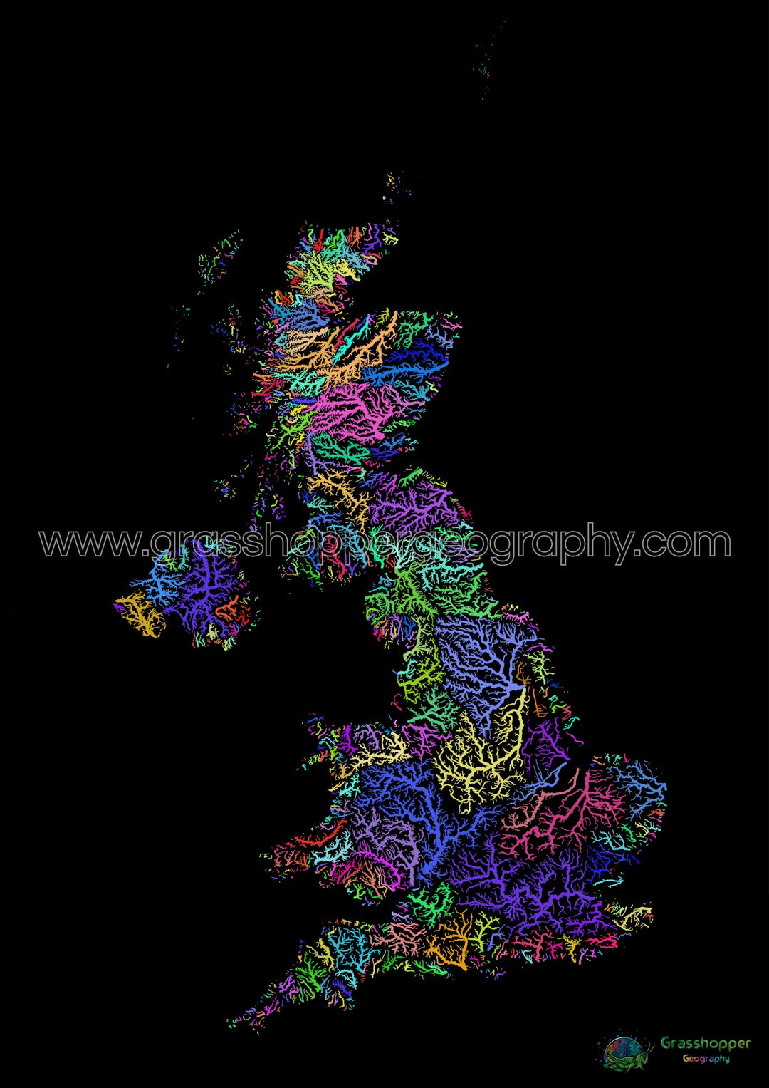 Reino Unido - Mapa de cuencas fluviales, arco iris sobre negro - Impresión de Bellas Artes