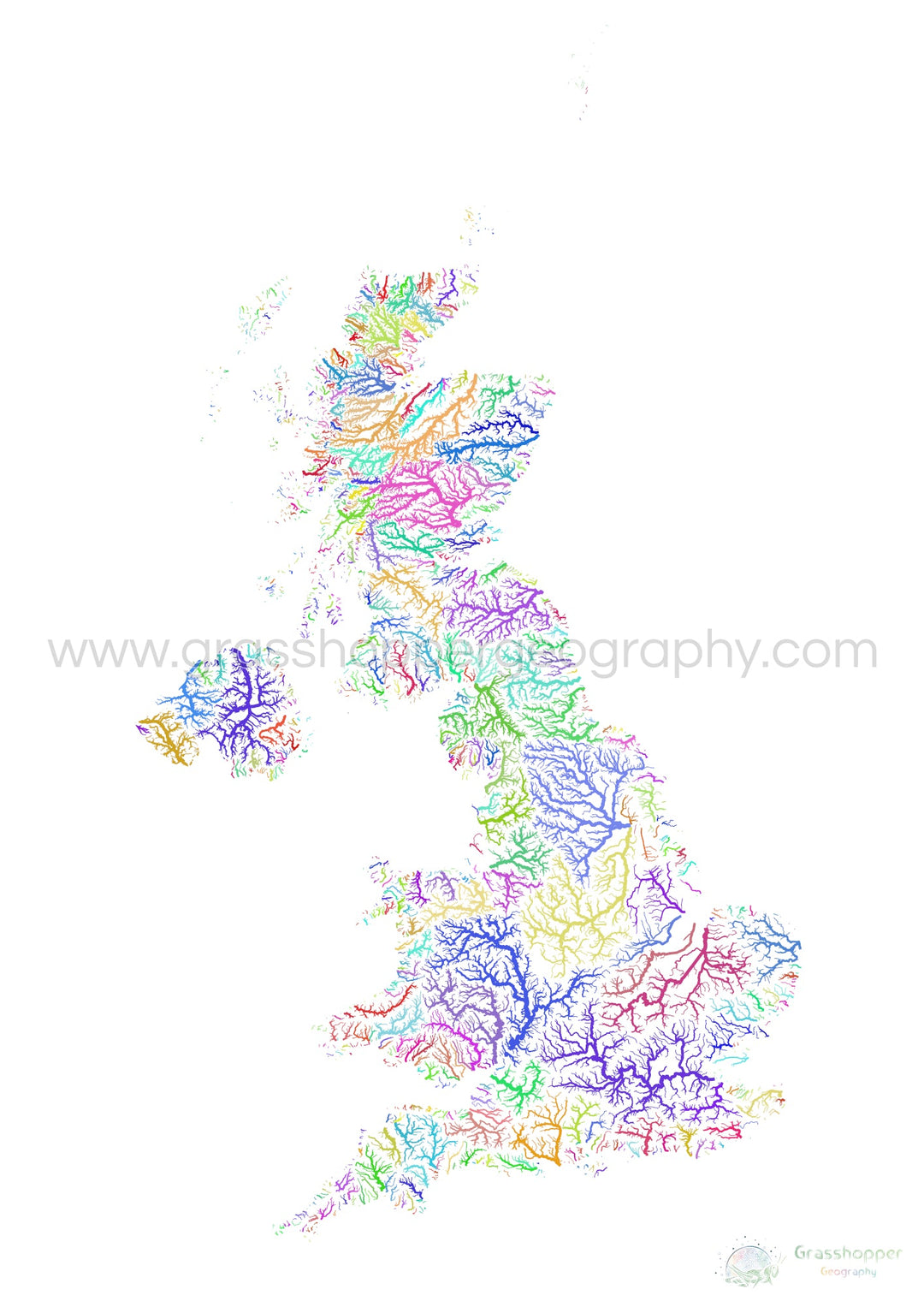 Reino Unido - Mapa de cuencas fluviales, arco iris sobre blanco - Impresión de Bellas Artes
