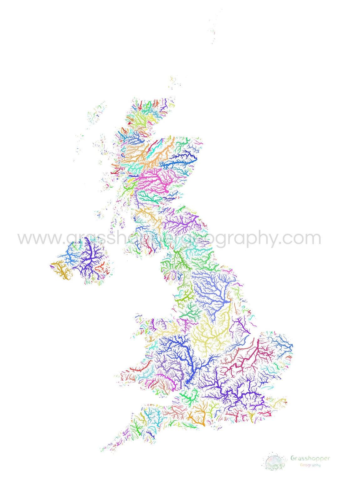 The United Kingdom - River basin map, rainbow on white - Fine Art Print