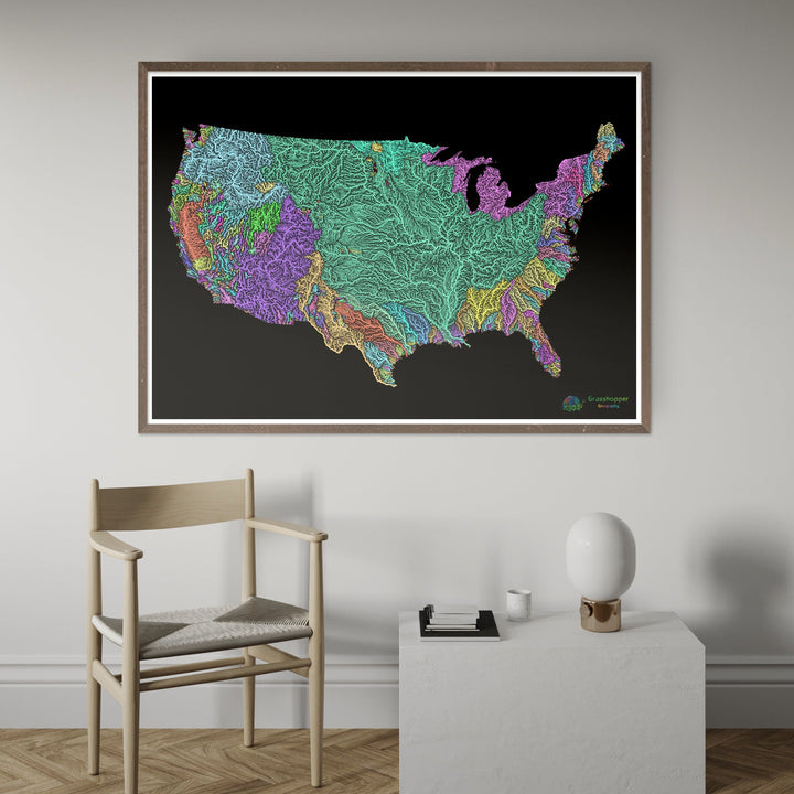 États-Unis - Carte des bassins fluviaux, pastel sur noir - Fine Art Print