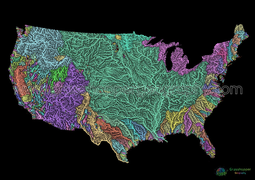 Estados Unidos - Mapa de la cuenca fluvial, pastel sobre negro - Impresión de Bellas Artes