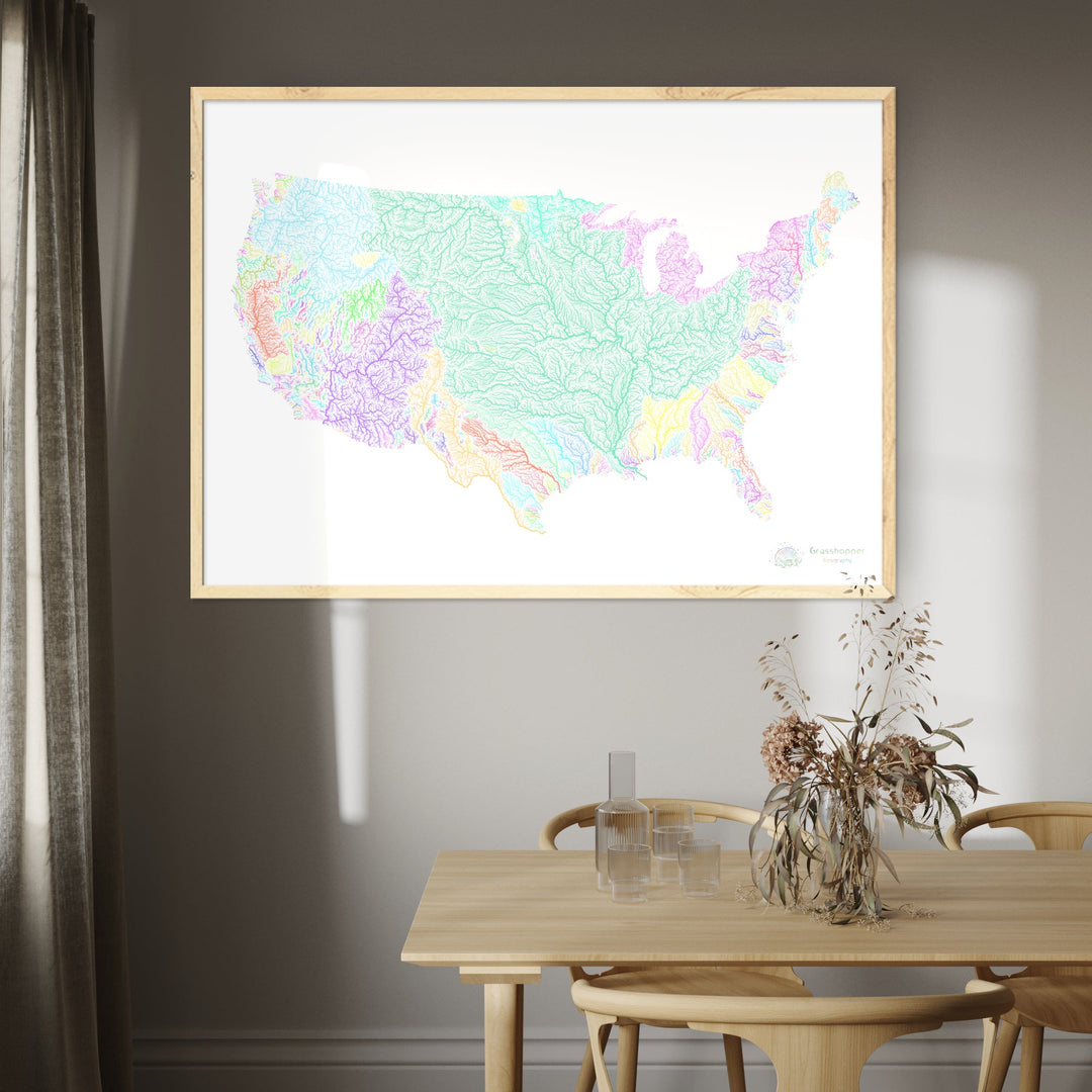 États-Unis - Carte des bassins fluviaux, pastel sur blanc - Fine Art Print