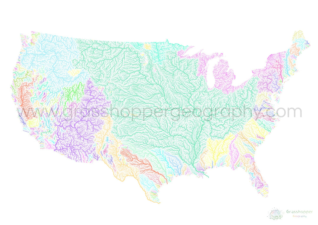 Estados Unidos - Mapa de la cuenca fluvial, pastel sobre blanco - Impresión de Bellas Artes