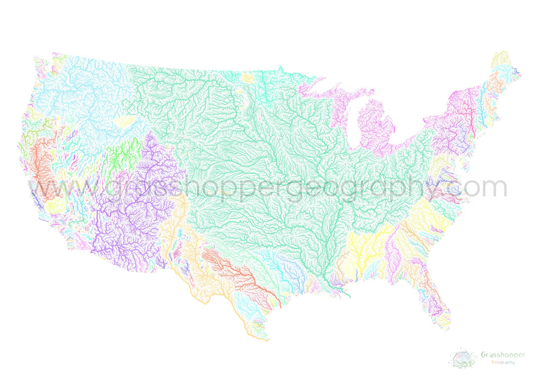 The United States - River basin map, pastel on white - Fine Art Print