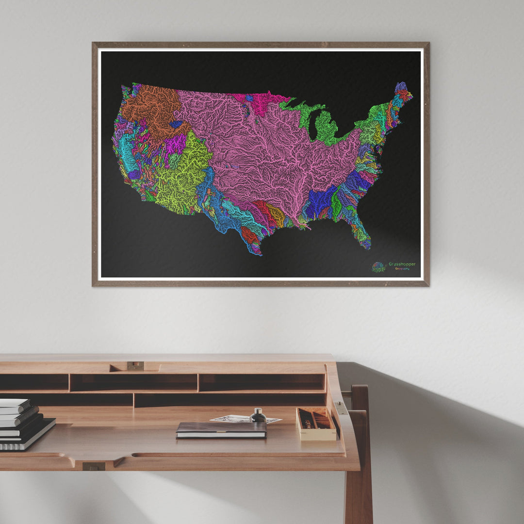 États-Unis - Carte des bassins fluviaux, arc-en-ciel sur noir - Fine Art Print