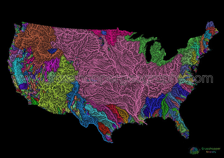 Estados Unidos - Mapa de cuencas fluviales, arco iris sobre negro - Impresión de Bellas Artes