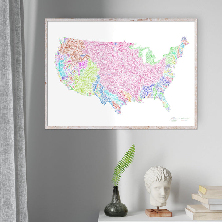 Estados Unidos - Mapa de cuencas fluviales, arco iris sobre blanco - Impresión de Bellas Artes
