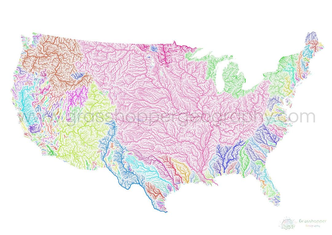 Estados Unidos - Mapa de cuencas fluviales, arco iris sobre blanco - Impresión de Bellas Artes