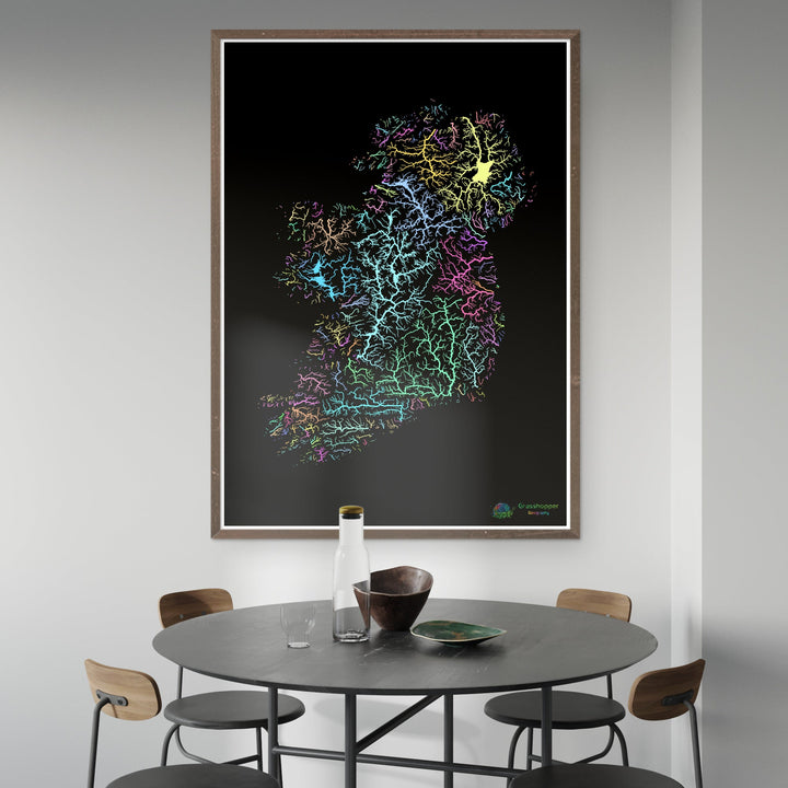 River basin map of the island of Ireland, pastel colours on black - Fine Art Print