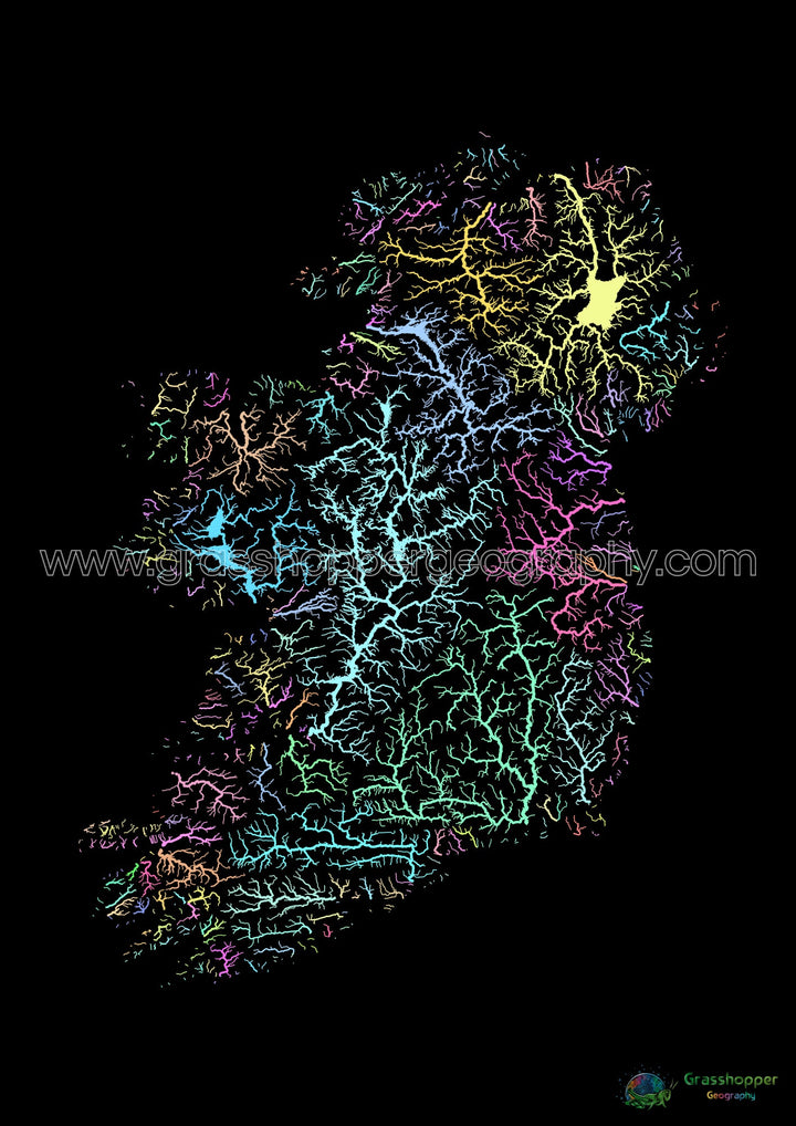 L'île d'Irlande - Carte des bassins fluviaux, pastel sur noir - Fine Art Print