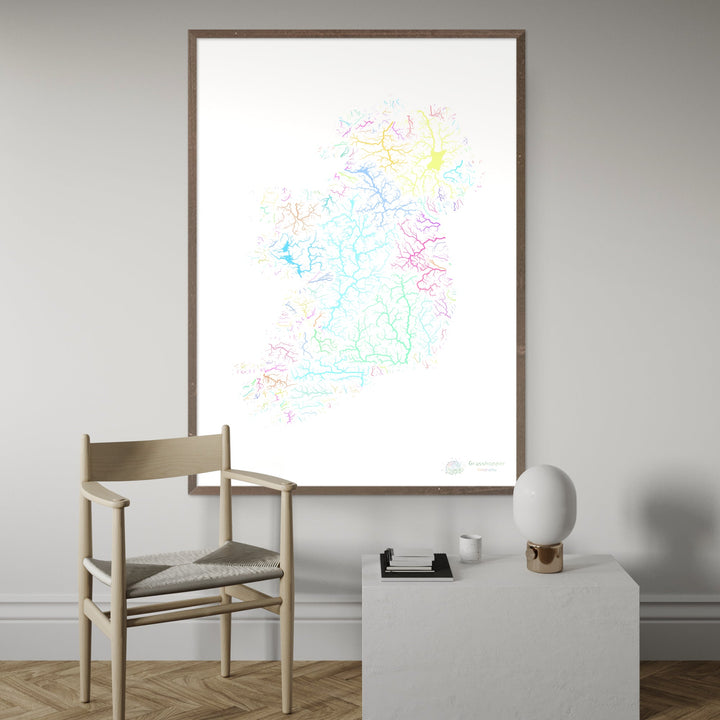 L'île d'Irlande - Carte des bassins fluviaux, pastel sur blanc - Fine Art Print