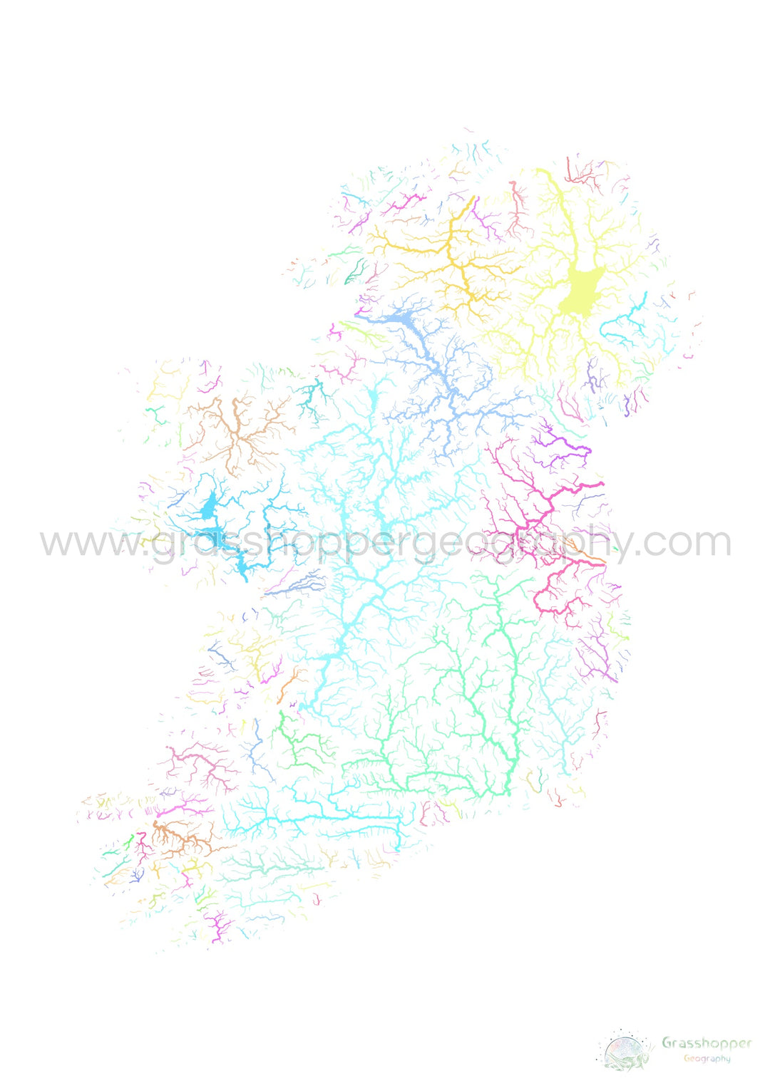 The island of Ireland - River basin map, pastel on white - Fine Art Print