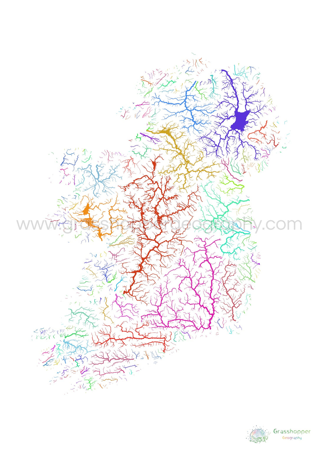 L'île d'Irlande - Carte des bassins fluviaux, arc-en-ciel sur blanc - - Tirage d'art