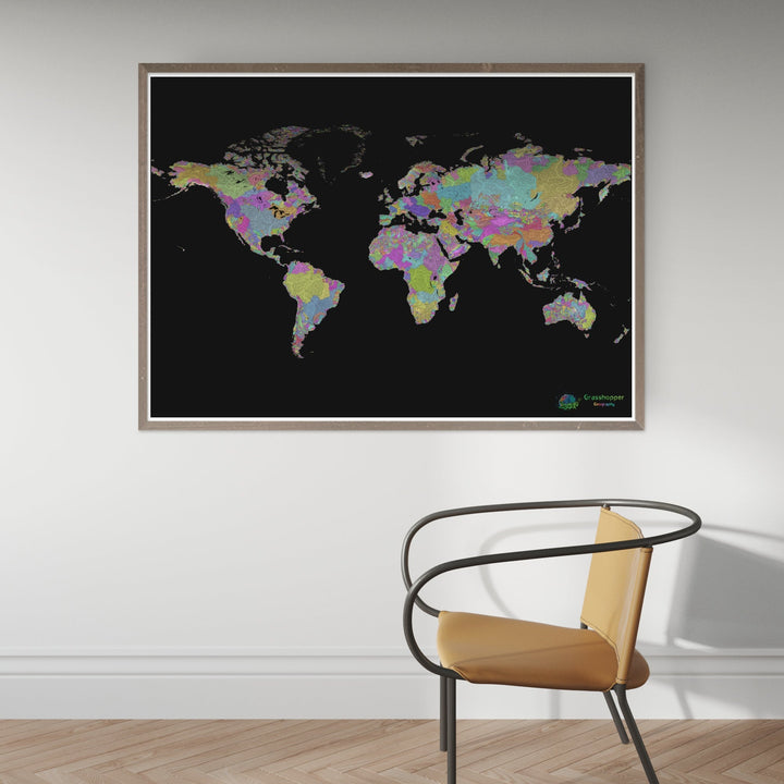 El mundo - Mapa de cuencas fluviales, pastel sobre negro - Impresión de Bellas Artes