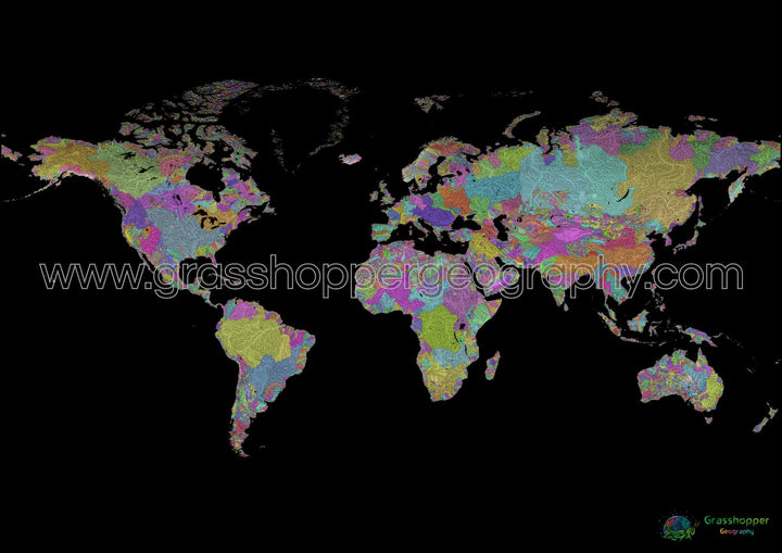 River basin map of the world, pastel colours on black - Fine Art Print