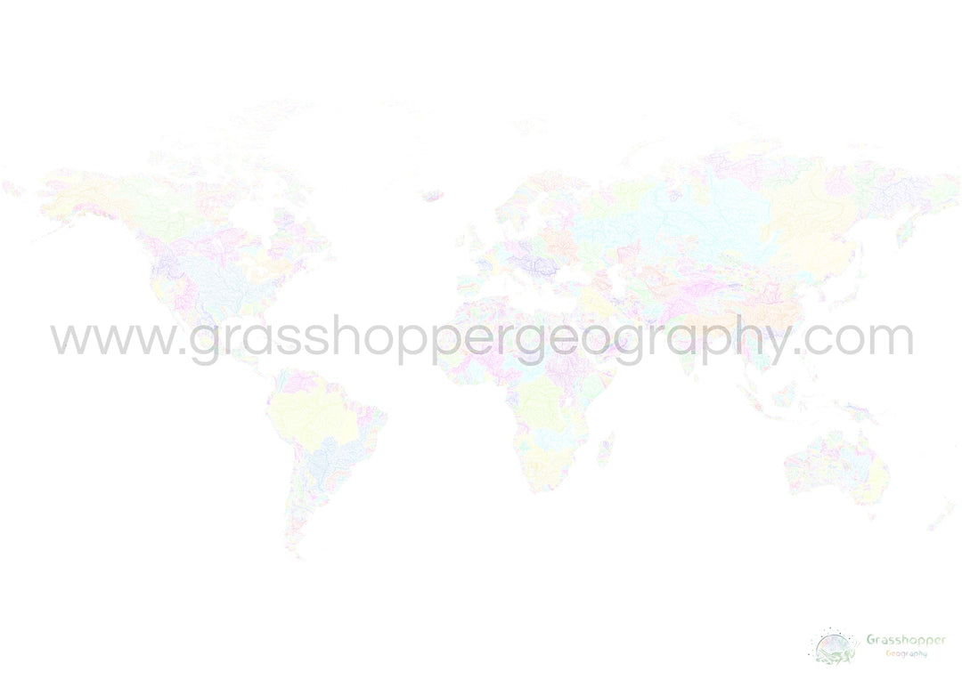 Le monde - Carte des bassins fluviaux, pastel sur blanc - Fine Art Print