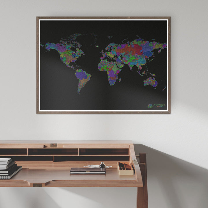 The world - River basin map, rainbow on black - Fine Art Print