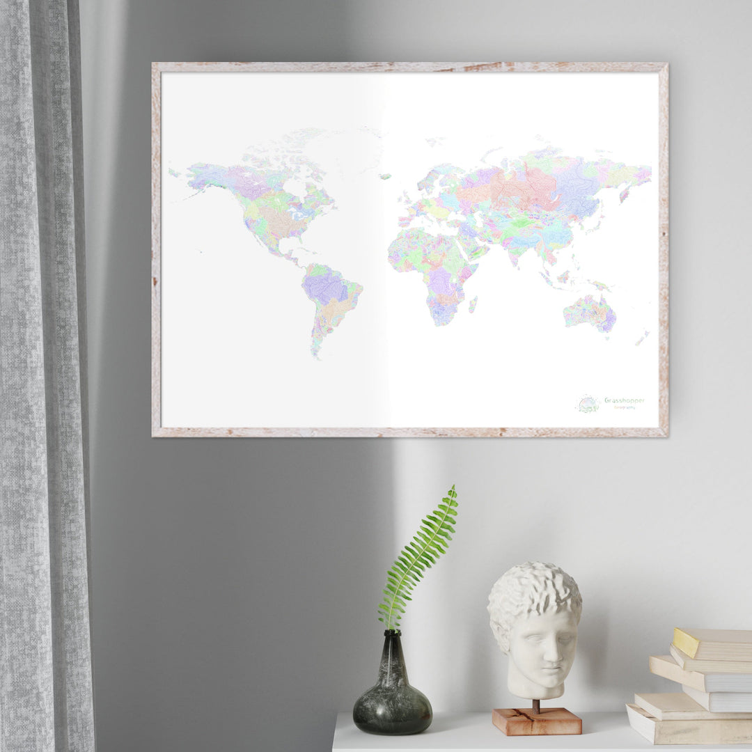 Le monde - Carte des bassins fluviaux, arc-en-ciel sur blanc - Fine Art Print