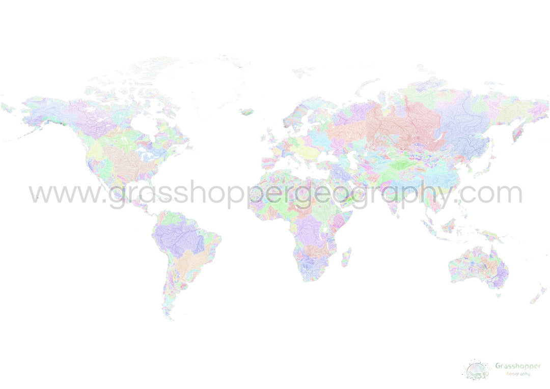 River basin map of the world, rainbow colours on white Fine Art Print