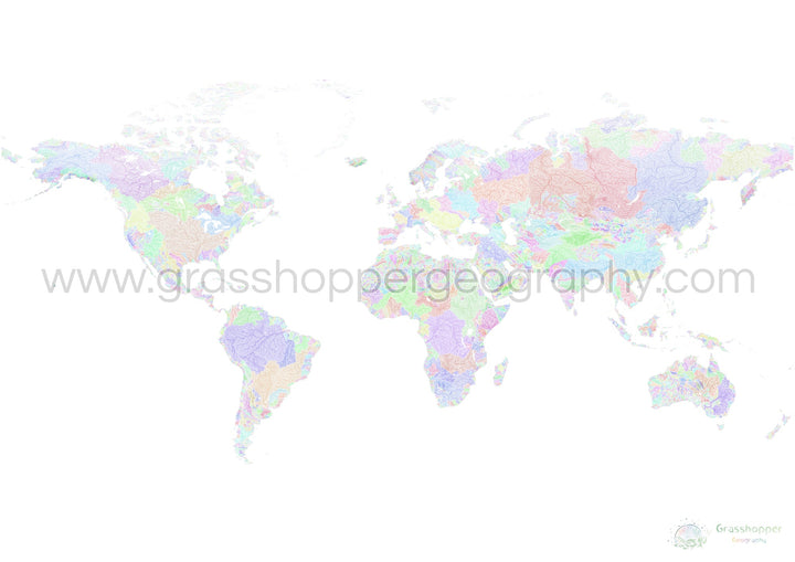 El mundo - Mapa de cuencas fluviales, arco iris sobre blanco - Impresión de Bellas Artes