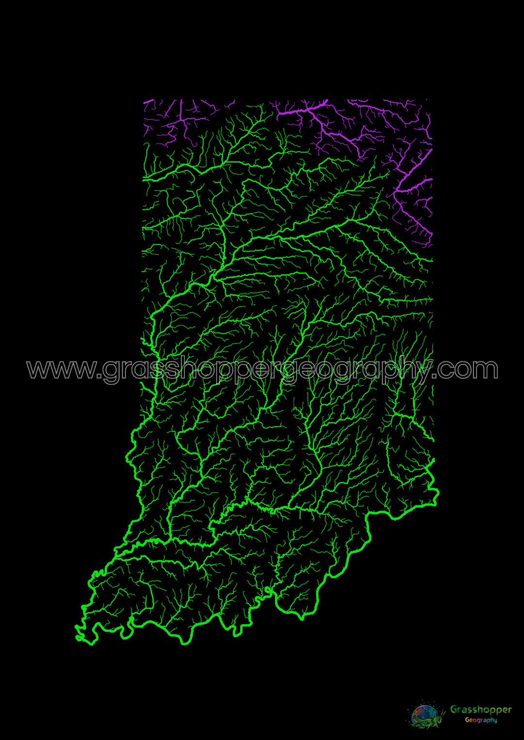 Indiana - Mapa de la cuenca fluvial, arco iris sobre negro - Impresión de Bellas Artes