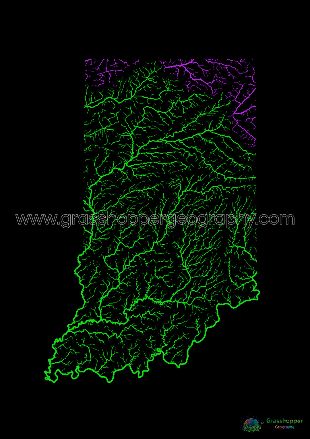 Indiana - River basin map, rainbow on black - Fine Art Print