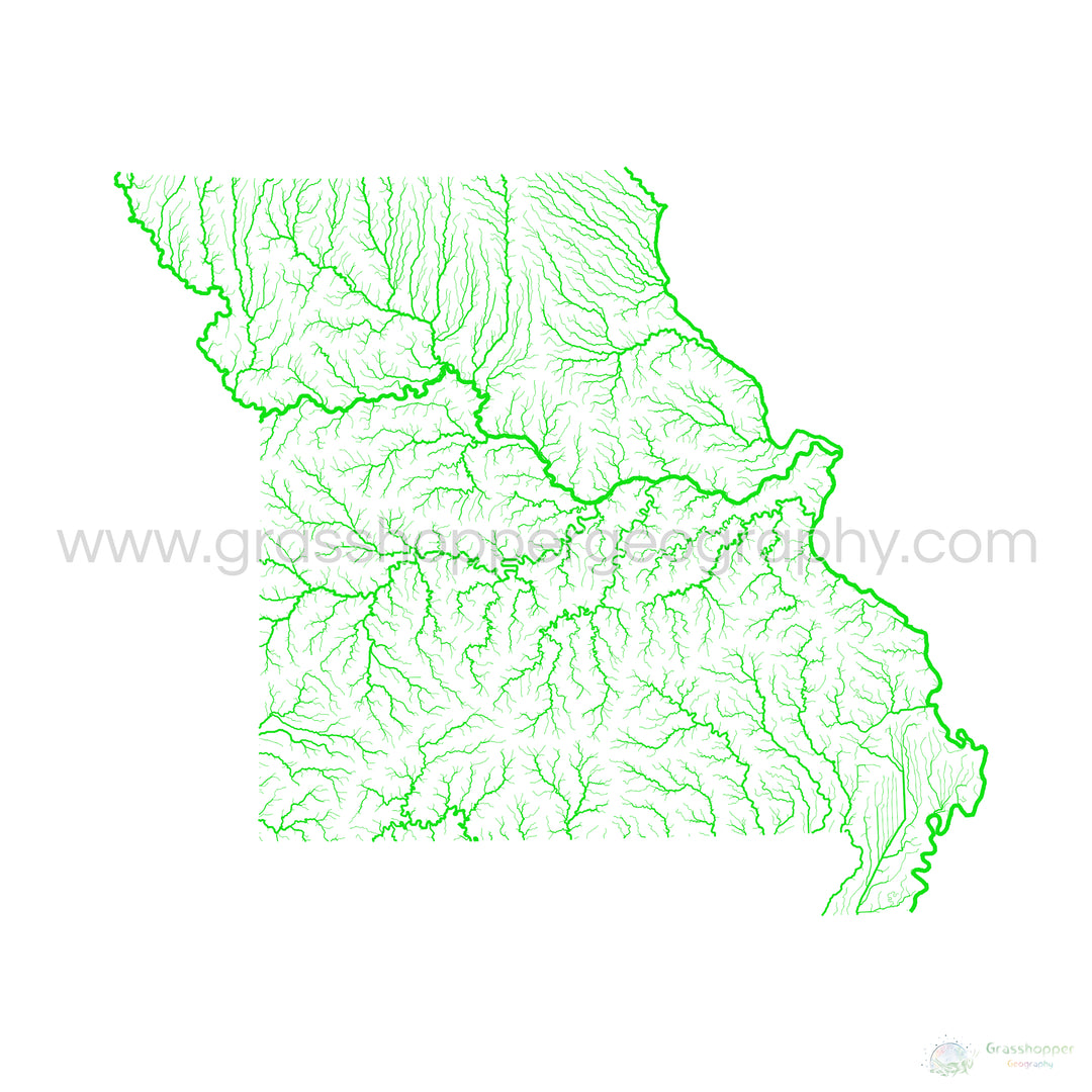 Missouri - Carte du bassin fluvial, arc-en-ciel sur blanc - Fine Art Print
