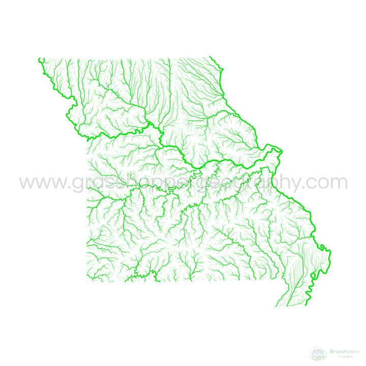 Missouri - Carte du bassin fluvial, arc-en-ciel sur blanc - Fine Art Print