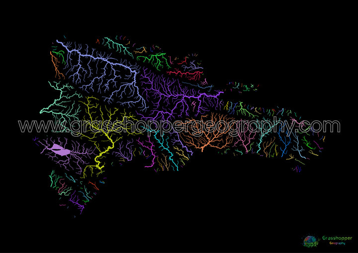 The Dominican Republic - River basin map, rainbow on black - Fine Art Print