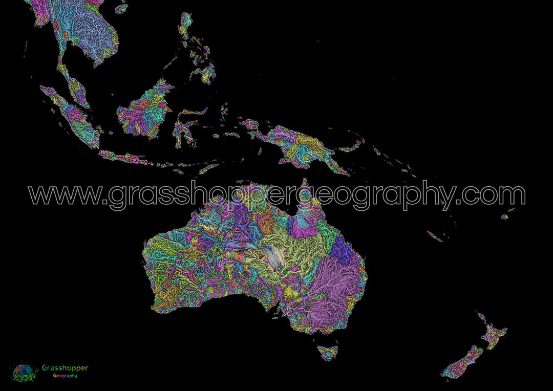 The Southwest Pacific - River basin map, pastel on black Fine Art Print