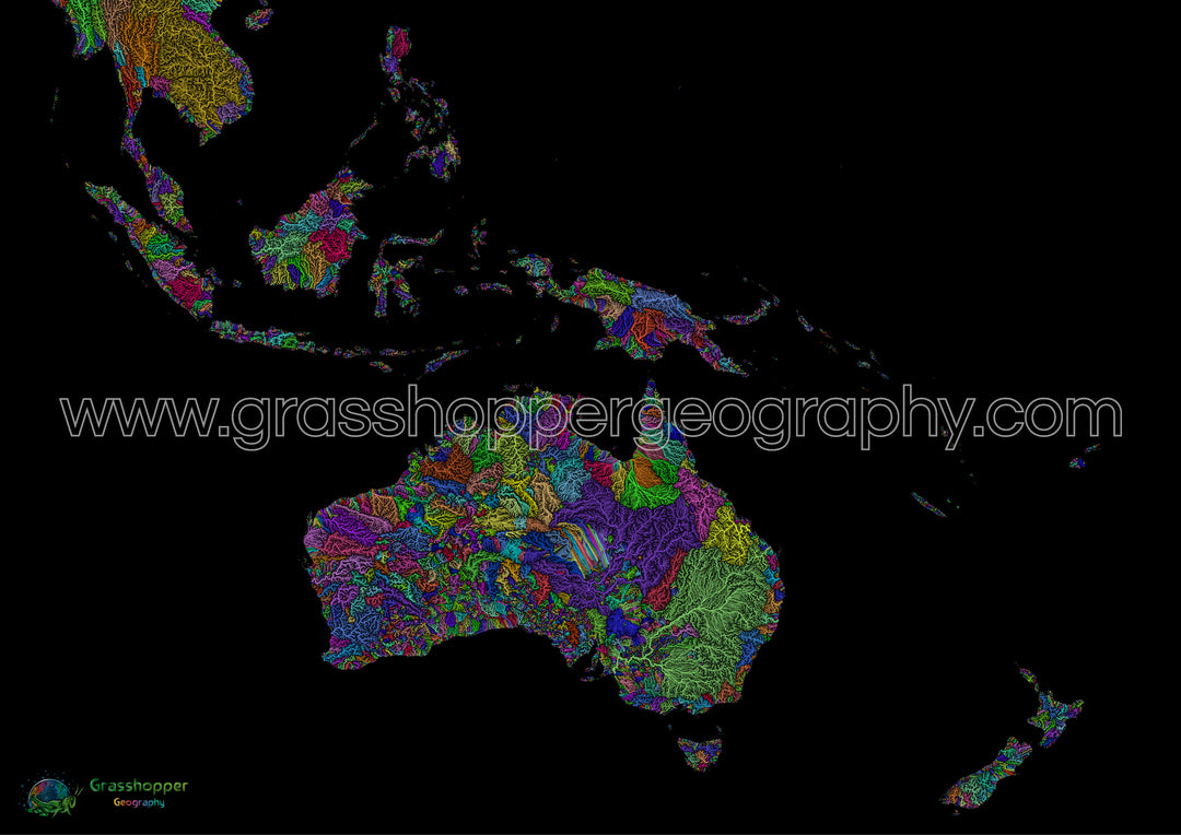 El Pacífico Sudoccidental - Mapa de la cuenca fluvial, arco iris sobre negro Lámina artística