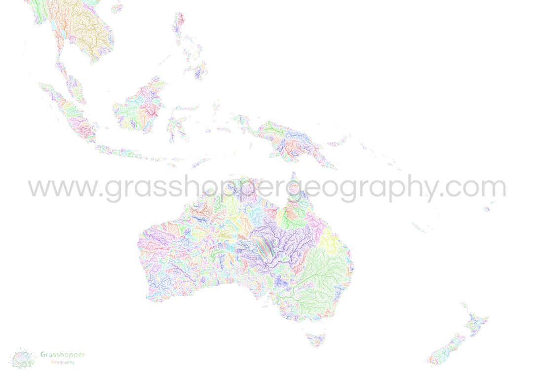 The Southwest Pacific - River basin map, rainbow on white - Fine Art Print