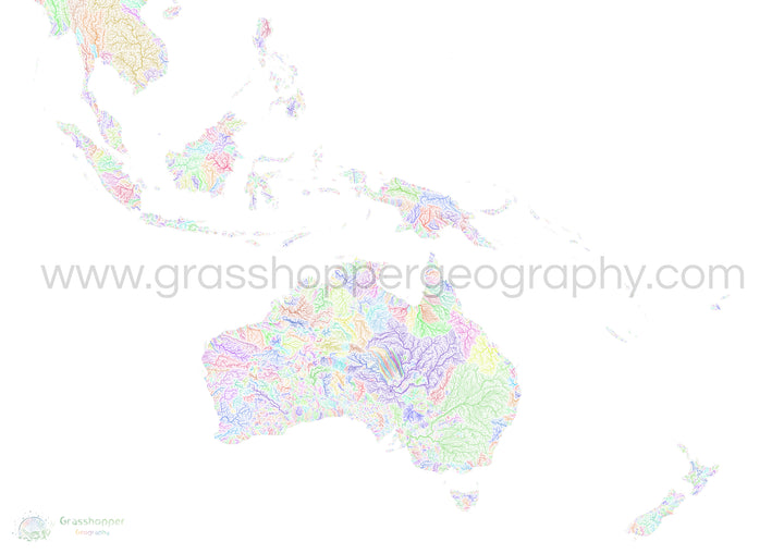 River basin map of the Southwest Pacific, rainbow colours on white Fine Art Print