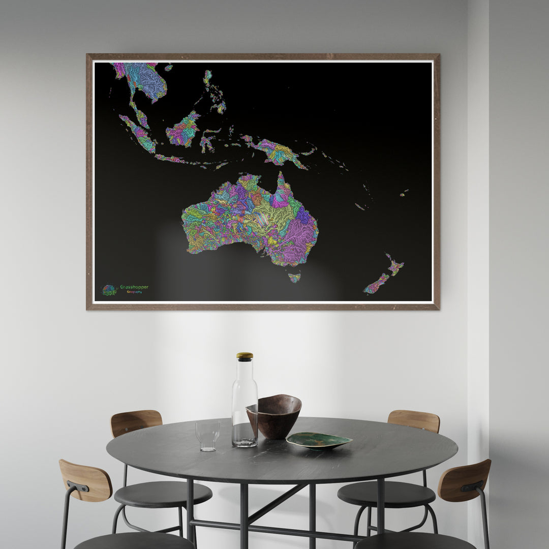 Le Pacifique Sud-Ouest - Carte des bassins fluviaux, pastel sur noir Fine Art Print