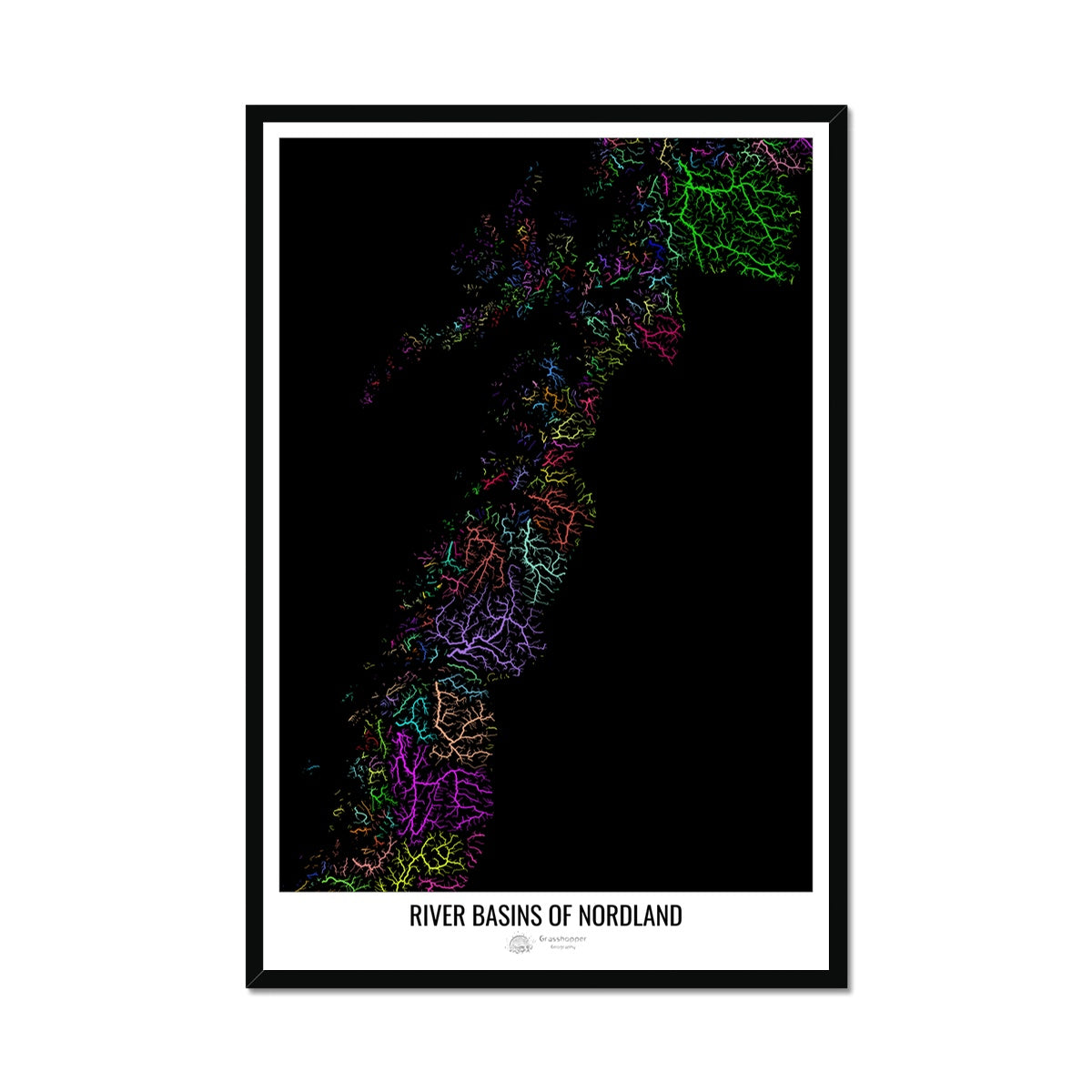 CUSTOM Nordland River basin map Framed Print – Grasshopper Geography