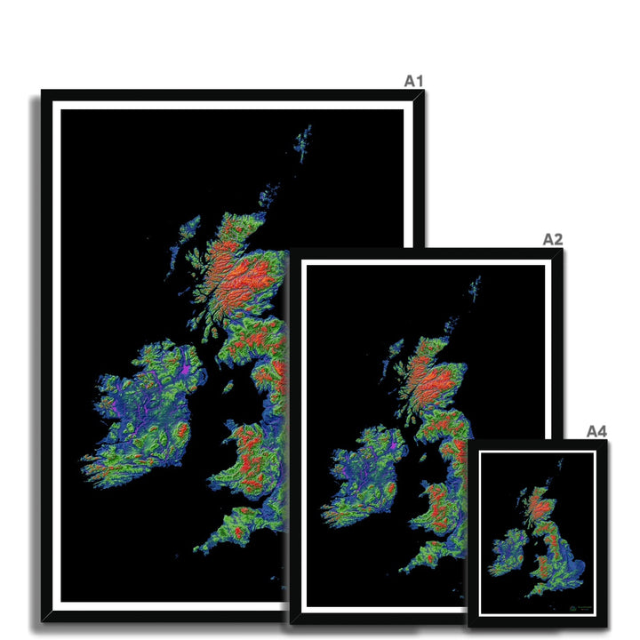 Lámina enmarcada Mapa de elevación de las Islas Británicas con fondo negro