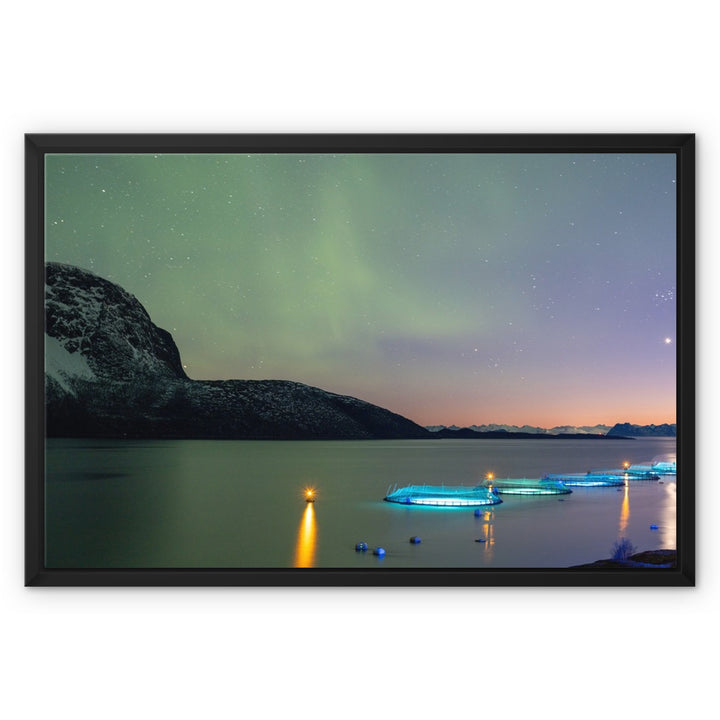 Fish pens across Lundøya with aurora V - Framed Canvas