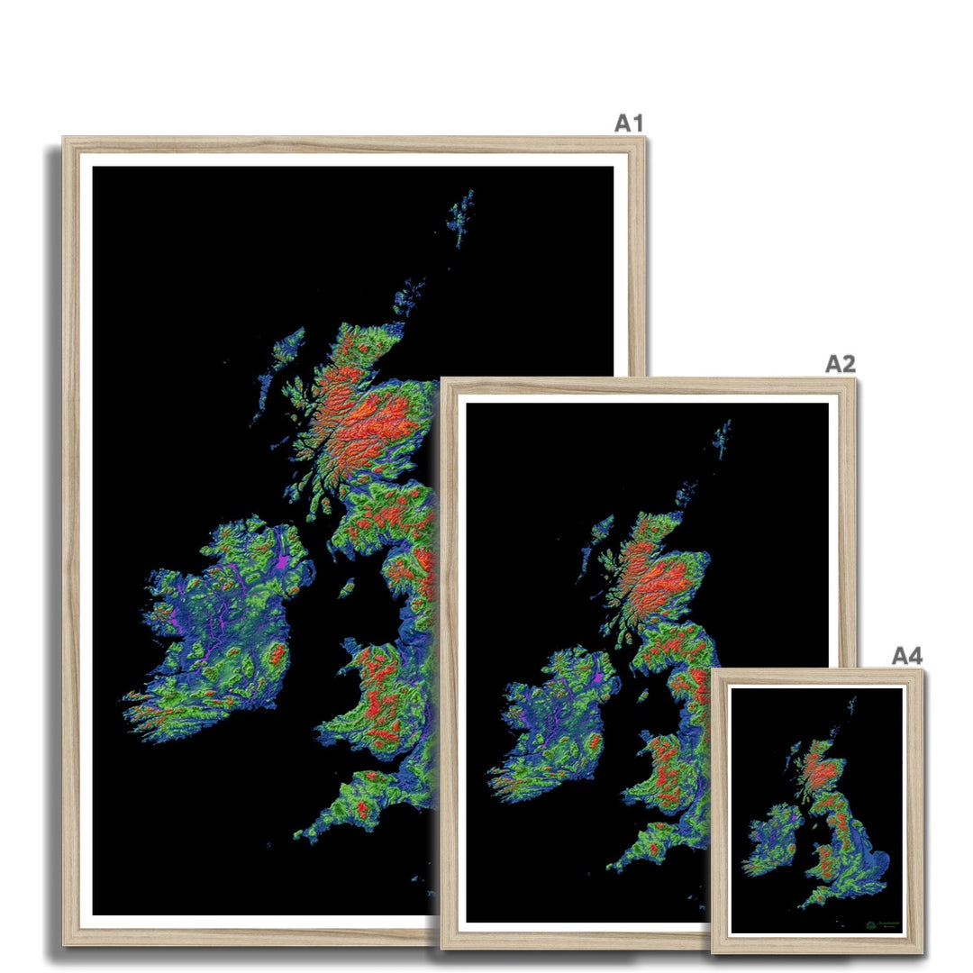 Carte d'élévation des îles britanniques avec fond noir Impression encadrée