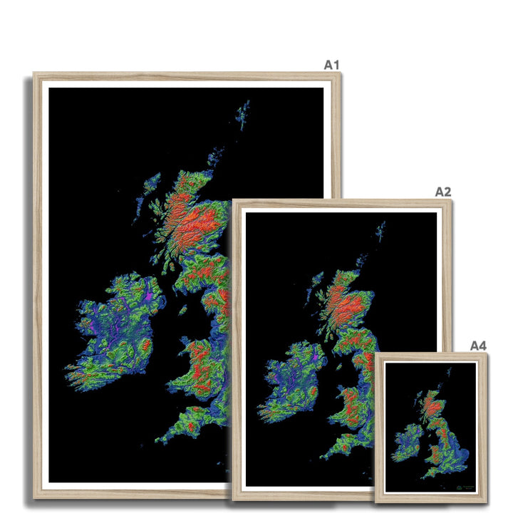 Elevation map of the British Isles with black background Framed Print