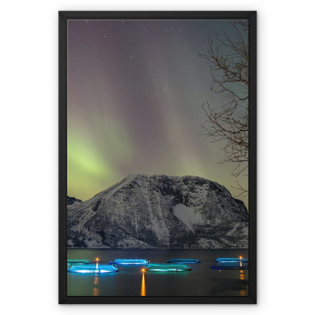 Fischgehege über Lundøya mit Aurora III – Gerahmte Leinwand