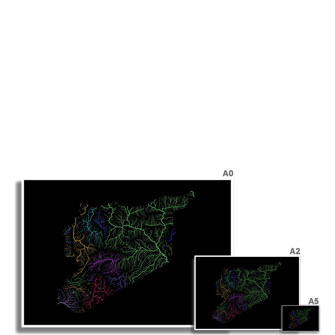 Siria - Mapa de la cuenca fluvial, arco iris sobre negro Lámina artística