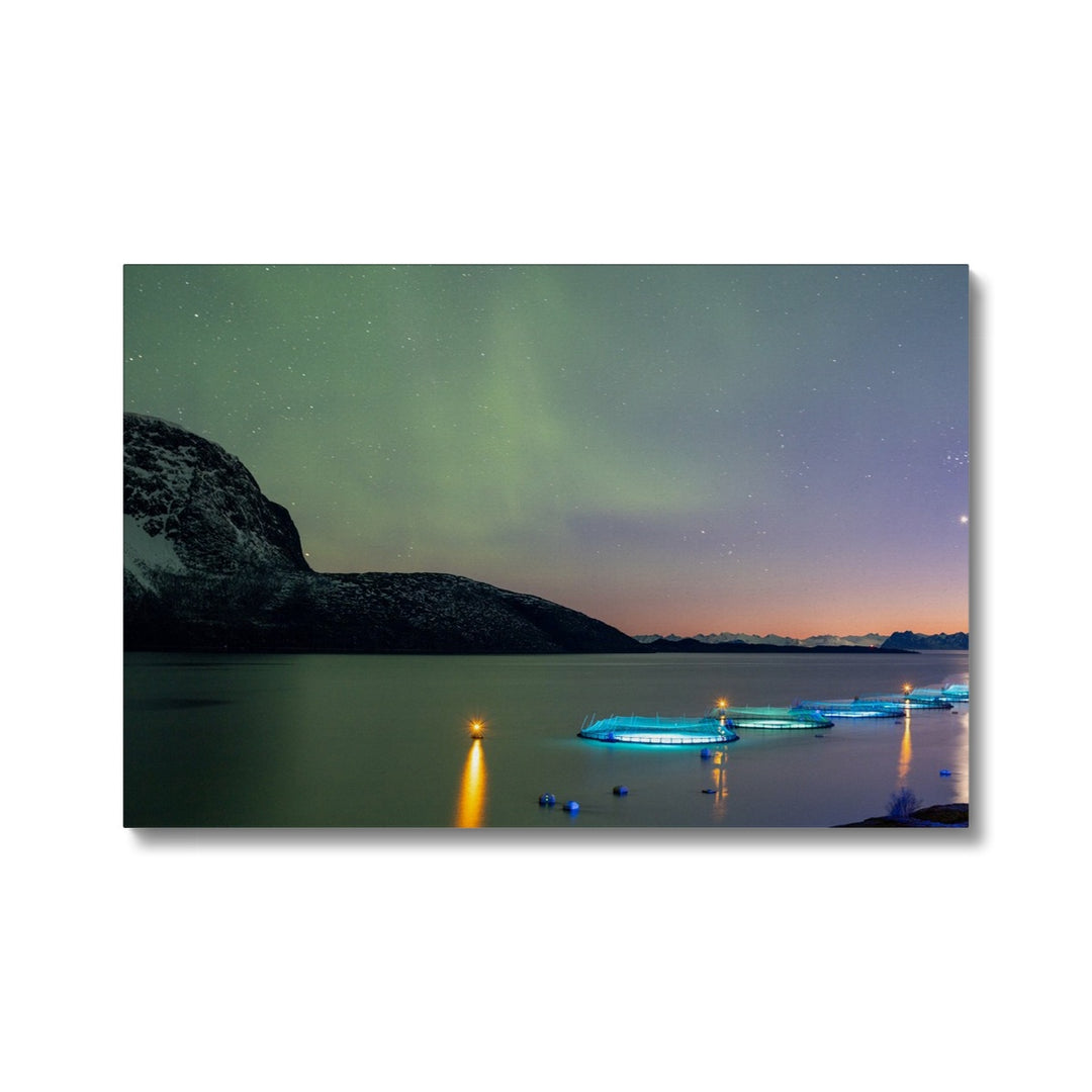 Fish pens across Lundøya with aurora V - Canvas