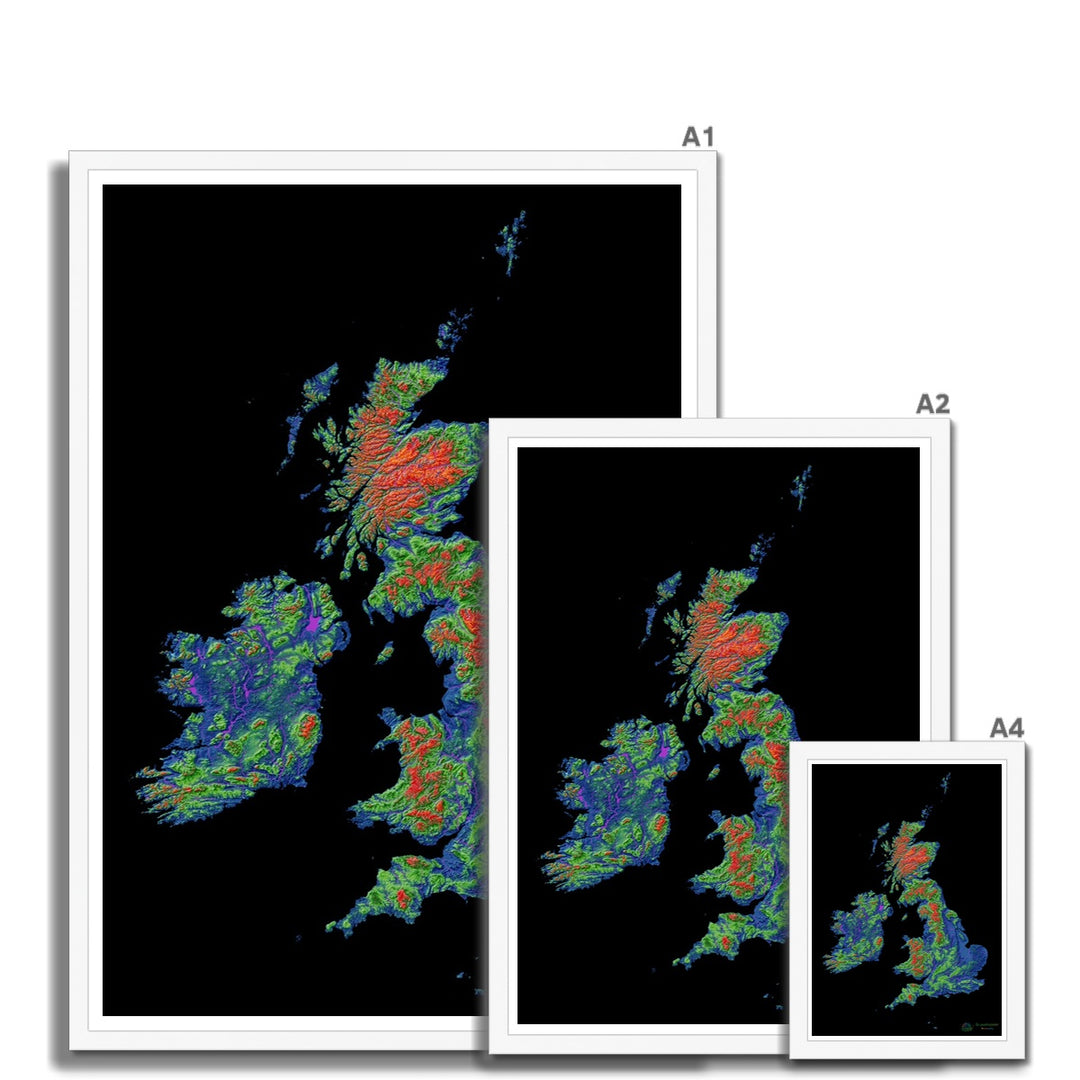 Lámina enmarcada Mapa de elevación de las Islas Británicas con fondo negro